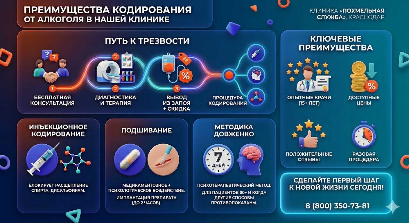 Инфографика о методах кодирования от алкоголя в Морозовске: инъекции, подшивание, метод Довженко. Преимущества клиники и этапы лечения.